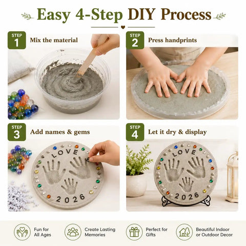 Custom DIY Family Handprint Stone Kit With Concrete Mold, Letter And Number Stamps, Colorful Gems For Indoor Outdoor Garden