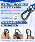 Close-up of heavy-duty carabiner clip with safety lock, part of the Built Tough 50 Ft Dog Aerial Zipline With Double Shock Absorption.