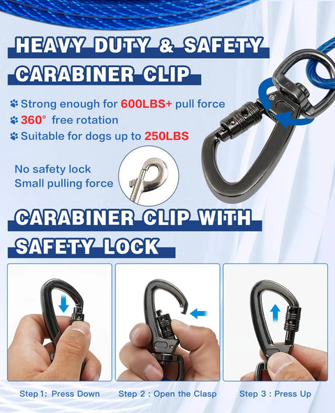 Close-up of heavy-duty carabiner clip with safety lock, part of the Built Tough 50 Ft Dog Aerial Zipline With Double Shock Absorption.