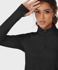 Cozy Womens Quarter Zip Fleece Lined Pullover With Thumb Holes Lightweight Thermal Long Sleeve V Neck Shirt For Running Or Gym Black Size Large