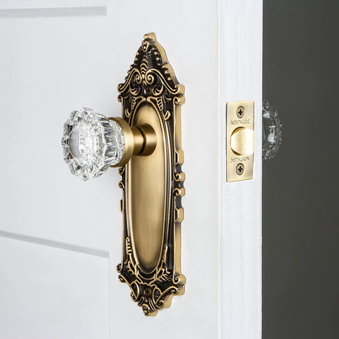Victorian Plate And Interior Crystal Door Knob With Ornate Decorative Plate For Large Vintage Or Modern Doors, fluted crystal knob