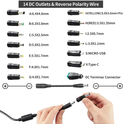 Adjustable Universal Power Supply 3V To 24V 3A 72W AC DC Switching Adapter with 14 DC plug tips and polarity cable shown