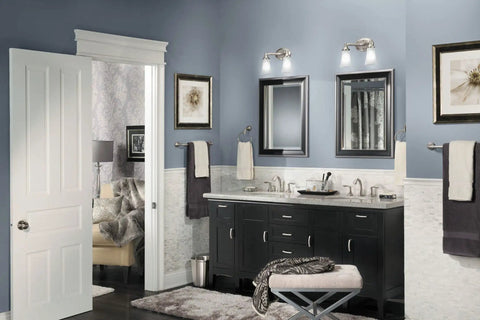 Eva 2 Light Dual Mount Bath Vanity Fixture With Frosted Glass In Brushed Nickel Finish above mirror in modern bathroom