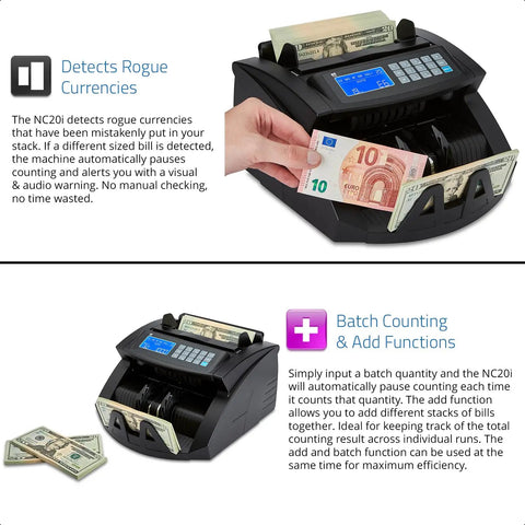 Pro Level Single Denomination Bill Counter Machine With Smart Counterfeit Detector, counting several bills with alerts.