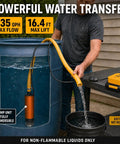 No Sweat Cordless Fluid Transfer Pump Tool Only Compatible With DeWalt 20V Tools Using Secure Adapter 635 GPH, transferring water from barrel.