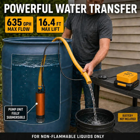 No Sweat Cordless Fluid Transfer Pump Tool Only Compatible With DeWalt 20V Tools Using Secure Adapter 635 GPH, transferring water from barrel.