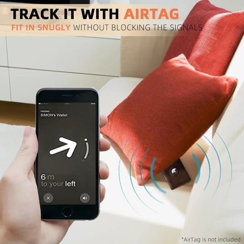 Person holding phone showing AirTag location, with AirTag Compatible Slim RFID Blocking Leather Wallet For Men hidden under couch cushion.