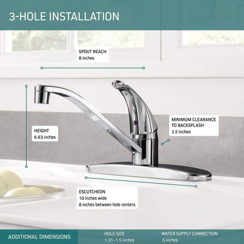 Single Handle Kitchen Sink Faucet In Chrome With Smooth 360 Degree Swivel Spout And Low Arc Profile dimensions and installation details.