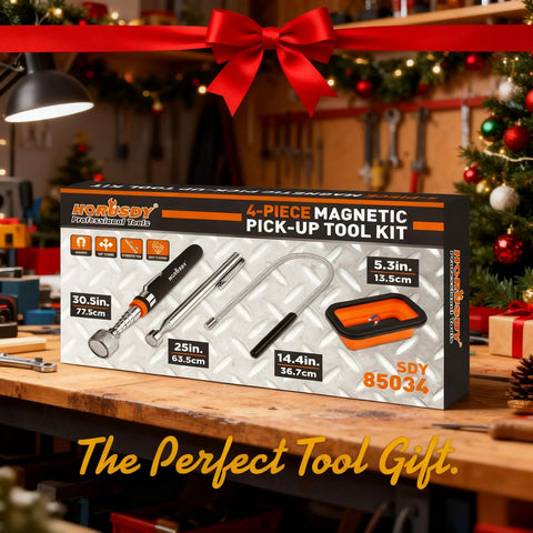 Front view of HORUSDY 4-piece magnetic pickup tool kit box with extendable magnets (30.5 in, 25 in), bend-it flex magnet, and orange parts tray.