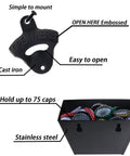 Hefty Black Cast Iron Wall Mounted Beer Bottle Opener With Spacious Cap Catcher Bucket Keeps Your Home Bar Or Man Cave Slick And Mess Free Includes Mounting Hardware, showing details and materials.
