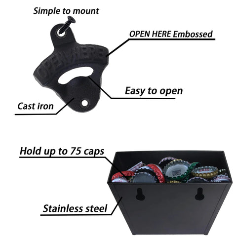 Hefty Black Cast Iron Wall Mounted Beer Bottle Opener With Spacious Cap Catcher Bucket Keeps Your Home Bar Or Man Cave Slick And Mess Free Includes Mounting Hardware, showing details and materials.