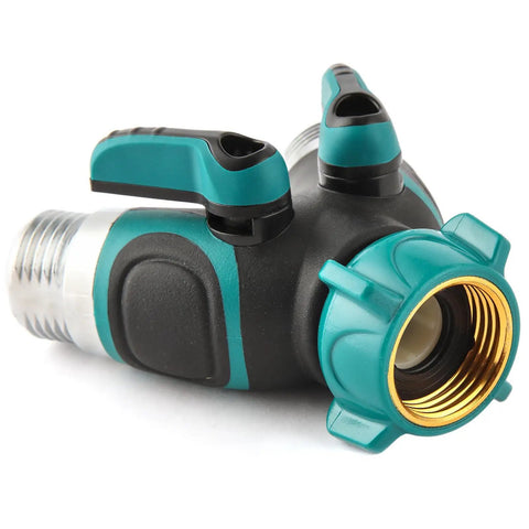 Two Way No Fuss Heavy Duty Garden Hose Splitter Y Valve With High Flow For Consistent Water Pressure And Ergonomic Rubber Handles For Easy On Off Control In Lawn And Garden Outdoor Watering, teal and black zinc alloy hose splitter