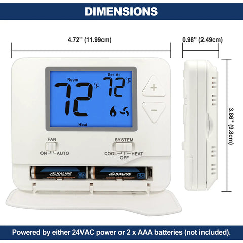 2 Pack No Frills Non Programmable Digital Thermostats For Home Use, LCD display showing temperature, dimensions labeled