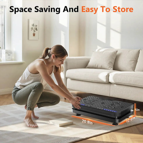 Woman storing Vibration Plate Fitness Platform For Full Body Workout And Lymphatic Drainage Home Gym Shaker Machine under sofa