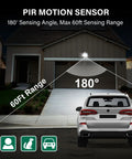 PIR motion sensor floodlight illuminating driveway with 180° coverage, highlighting sensing range, for security lighting at night