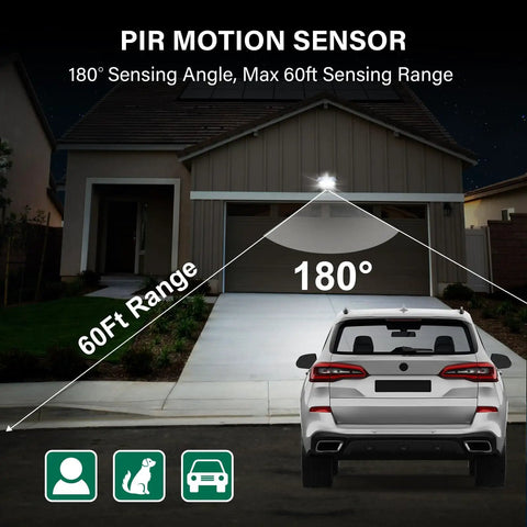 PIR motion sensor floodlight illuminating driveway with 180° coverage, highlighting sensing range, for security lighting at night