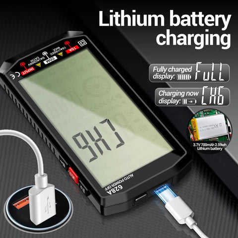 Rechargeable Digital Multimeter With Large Backlit Display And Auto Ranging for charging with Type C and lithium battery indicator