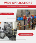 Wide application of ratchet pipe threader kit in plumbing, showing industrial pipe installations and threading machine setup.