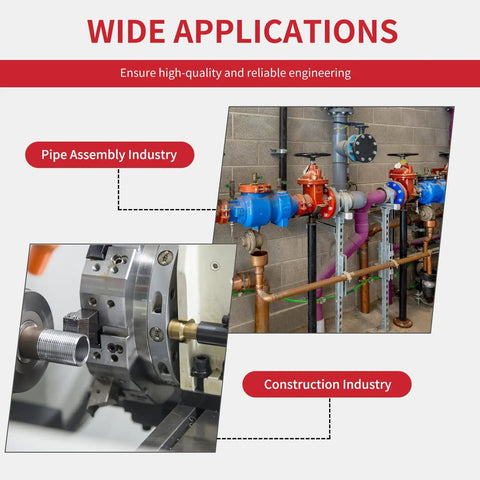 Wide application of ratchet pipe threader kit in plumbing, showing industrial pipe installations and threading machine setup.