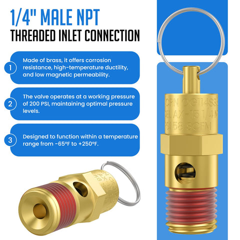 Two Pack One Quarter Inch NPT Male Brass Air Compressor Pressure Relief Valves, 200 PSI Overpressure Safety Valve For Tanks