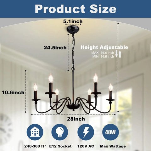 Farmhouse 6 Light Black Chandelier For Dining Room And Kitchen Island Pendant Light Fixture With Industrial Rustic Vibe