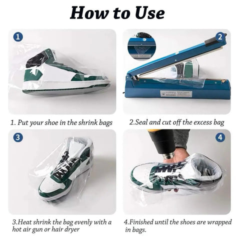 Step-by-step guide for using Hype Clear Shoe Shrink Wrap Bags 11X18 Inch Thick PVC Sneaker Packaging Film 100 Pack.