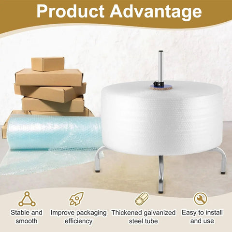 Heavy Duty Bubble Wrap Roll Dispenser Smooth Packing Station For Moving And Shipping Secure All Those Fragile Boxes With A Hella Tough Galvanized Steel Frame with bubble wrap and boxes in background.