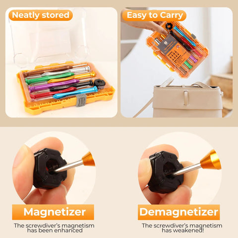8pc Mini Magnetic Torx Screwdriver Set in storage case and handheld; four precision tools displayed for electronics and watches