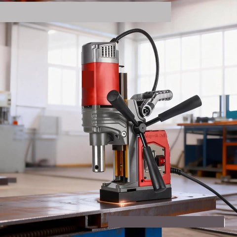 Magnetic Drill Press for Core Drilling and Metal Hole Cutting on steel, showcasing strong magnetic base and adjustable handle.