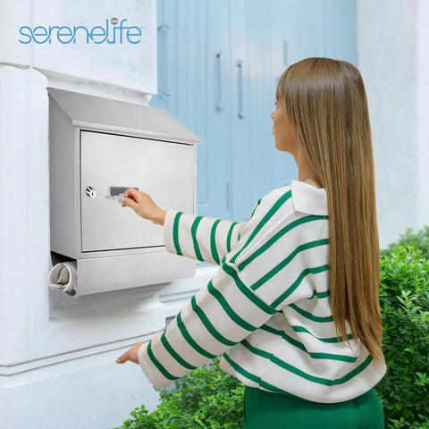 Woman using Locking Wall Mount Mailbox Built To Last, Weatherproof Steel With Secure Key Lock, No Fuss Easy Access Metal Flap