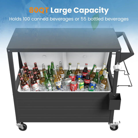 80 Quart Rolling Ice Chest With Built In Top Prep Table And Four Wheels Party Patio Cooler Cart with beverages inside