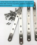 Rock Solid Heavy Duty Wood Furniture Corner Braces Stainless Steel Mending Plates With Screws 4 Pack, showing screws and 9.5inch plates.