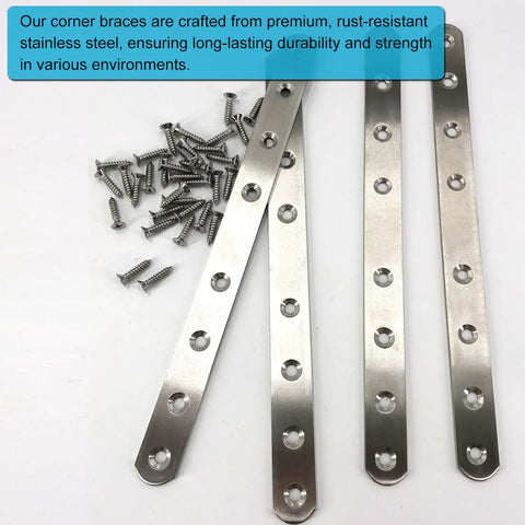 Rock Solid Heavy Duty Wood Furniture Corner Braces Stainless Steel Mending Plates With Screws 4 Pack, showing screws and 9.5inch plates.