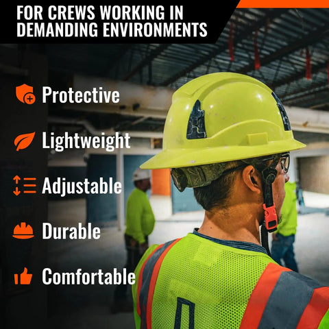 Worker wearing All Around Type 2 Class E Full Brim Non Vented Safety Hard Hat With 20kV Rating For Top Front Back And Side Impact
