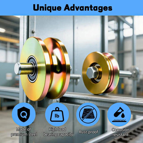 2 Pack 4 Inch Heavy Duty Sliding Gate Rollers With V Groove Track Design Double Sealed Bearings 3300 Lb Capacity, showcasing premium steel construction.
