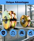 Close-up of Tough As Nails 2 Pack 4 Inch V Groove Roller Wheels on track, showcasing gold finish and premium steel construction.