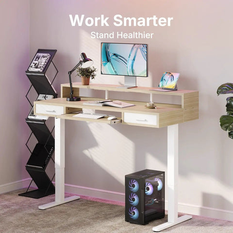 Electric Standing Desk 55 Inch By 26 Inch With 24.4 Inch Large Keyboard Tray And Two Drawers C Clamp Mount Compatible Ergonomic Sit Stand Desk Setup With Four Height Presets Light Walnut Finish in home office setting.