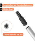 Tamper Proof Torx Bit Set 14-Piece T4 Through T40 With 1/4 Inch Ergonomic Magnetic Bit Driver showing S2 alloy steel bits.