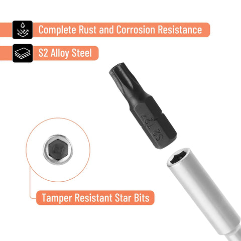 Tamper Proof Torx Bit Set 14-Piece T4 Through T40 With 1/4 Inch Ergonomic Magnetic Bit Driver showing S2 alloy steel bits.