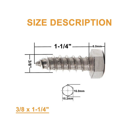 Twenty Pack 3/8 In. X 1-1/4 In. Hex Lag Screws Crafted From Grade 304 Stainless Steel for heavy duty outdoor framing size details.