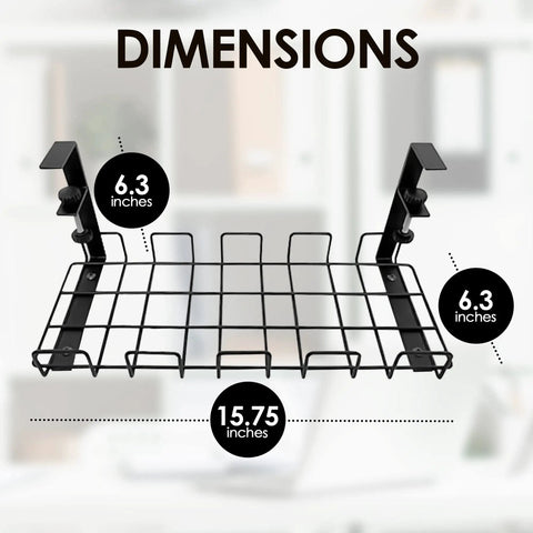 Dimensions of No Drill Under Desk Cable Management Tray Set, 2 Pack Clamp On Metal Wire Cable Organizer 6.3x15.75 inches.