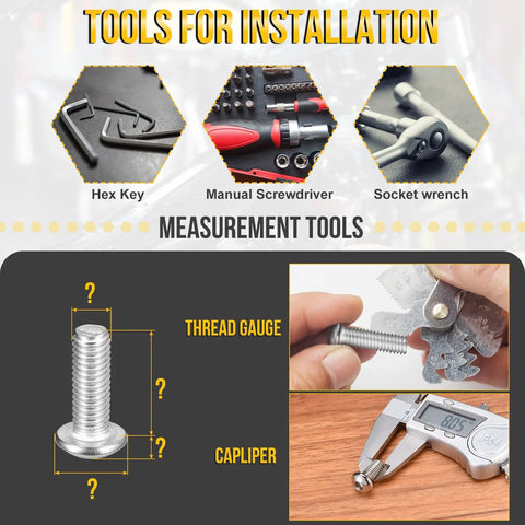 Tools for installation including hex key, screwdriver, socket wrench, thread gauge, and caliper with Heavy Duty M3 Button Head Socket Cap Screws.