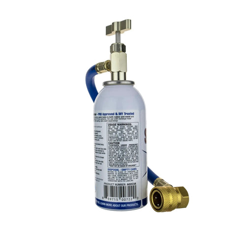 Fast A C Stop Leak 2oz with Reusable Install Hose for R134a Automotive Systems bottle and hose shown