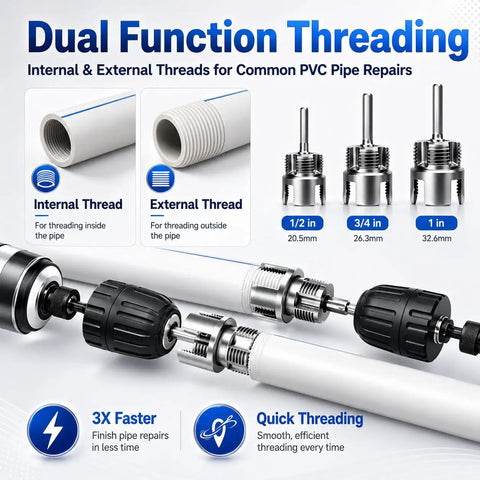 DIY PVC Pipe Threading Kit For Drill With Tape Internal And External Threading Tool One Half Inch Three Quarter Inch One Inch NPT For PVC CPVC ABS Pipes Pipe Thread Cutting And Repair For Home And Garden Irrigation, 1/2 3/4 1 in drill bits