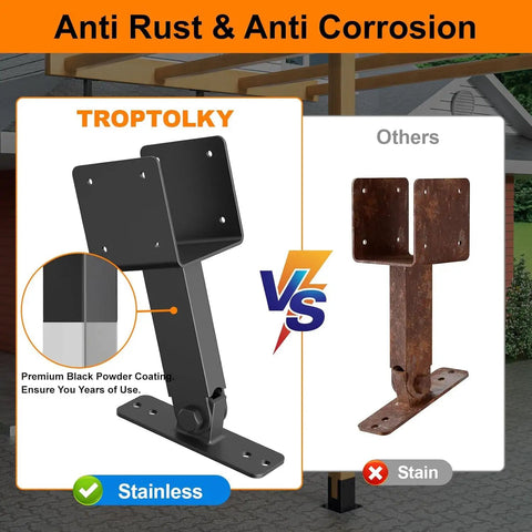 4x4 Heavy Duty Adjustable Angle Pergola Brackets Kit Black Metal Roof Riser Beams For Gazebo Patio Cover Outdoor DIY Support Built Tough Rust Resistant Anti Corrosion Water Resistant comparison of stainless and stained brackets