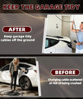 Universal EV Charger Retractable Cord Reel Keeps Your Garage Cables Fly And Secure While Delivering Smooth Wall Mount Retraction For Absolute Zero Hassle And Hella Convenient Charging. Before and after images of cable organization.