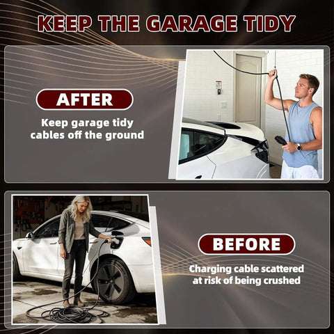 Universal EV Charger Retractable Cord Reel Keeps Your Garage Cables Fly And Secure While Delivering Smooth Wall Mount Retraction For Absolute Zero Hassle And Hella Convenient Charging. Before and after images of cable organization.