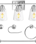 3 Light Vanity Light With 5 Piece All In One Bathroom Set In Brushed Nickel And Clear Glass Shade Includes Towel Bar Towel Ring