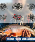 110 Piece Strong Fishing Snap Swivel Kit With Rolling Barrel Swivels 3 Way Line Connectors And Clips assorted above a held fish