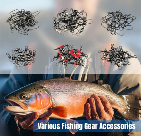110 Piece Strong Fishing Snap Swivel Kit With Rolling Barrel Swivels 3 Way Line Connectors And Clips assorted above a held fish